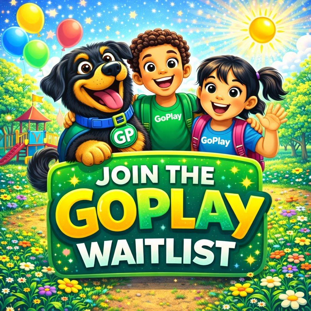 Join the GoPlay Waitlist β two kids and a happy dog in a sunny park